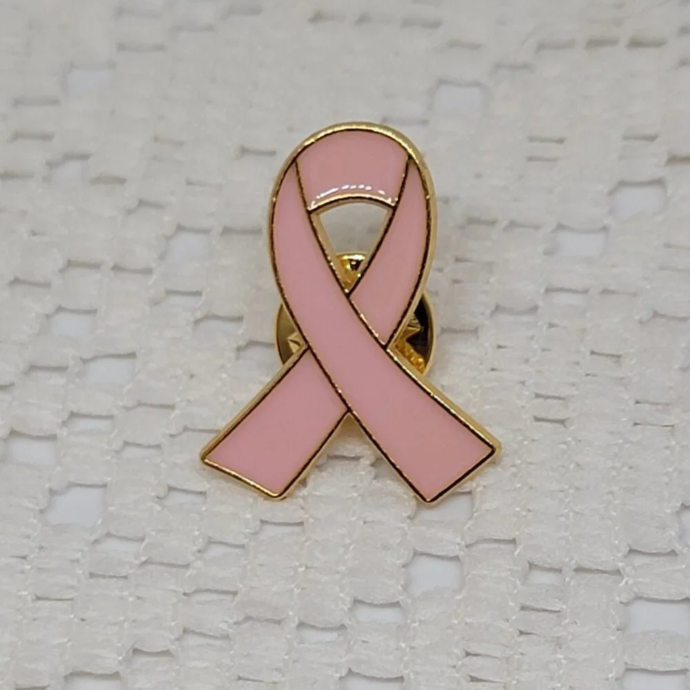 Breast Cancer Awareness Support Ribbon Pin Gold Tone Edging Light Pink Enamel OS